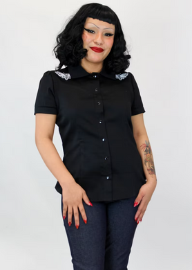 Embroidered Moth Black Western Women Top #E-MBWT