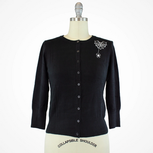 Embroidered Webbed Heart Black Knit Cardigan #E-WHBC