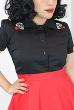 Load image into Gallery viewer, Embroidered Skulls and Roses Black Western Women Top #E-SRBWT
