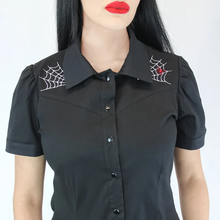 Load image into Gallery viewer, Embroidered Spiderwebs and Spider Black Western Women Top #E-SBWT