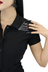 Model wearing Stretchy Spiderweb Black Romper With Belt 