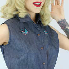 Load image into Gallery viewer, Embroidered Sparrows Sleeveless Denim Knot Top #E-2SDKT