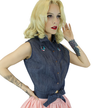 Load image into Gallery viewer, Embroidered Sparrows Sleeveless Denim Knot Top #E-2SDKT
