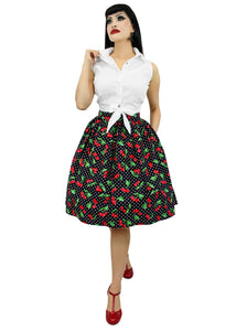 model wearing Cherries Pin Up Pleated Circle Skirt