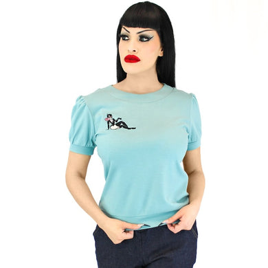 Embroidered Retro Cat Girl Pastel Blue Blouse