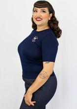 Load image into Gallery viewer, model wearing Embroidered Martini Navy Blue Knit Top
