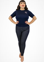 Load image into Gallery viewer, model wearing Embroidered Martini Navy Blue Knit Top