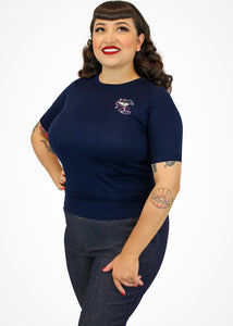 model wearing Embroidered Martini Navy Blue Knit Top