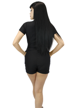 Load image into Gallery viewer, back of Model wearing Stretchy Spiderweb Black Romper With Belt 