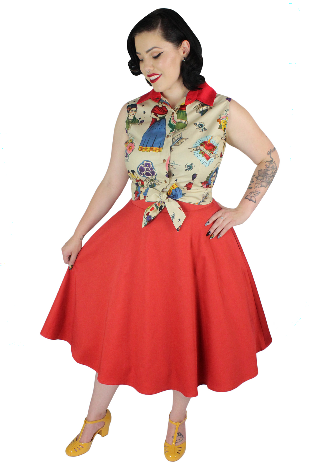 Model wearing the knot top with rustic red circle skirt, Pictured from the side