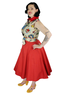Model wearing the knot top with rustic red circle skirt, Pictured from the side