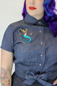 Embroidered Mermaid Denim Knot Top