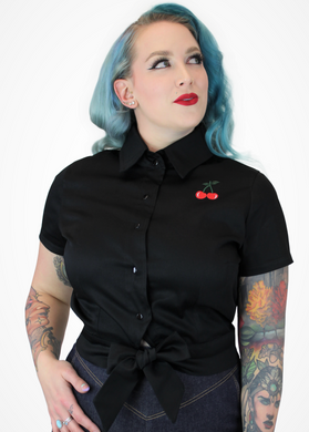 Cherry Crop Top - Black Knot Top With Embroidered Cherries #E-CKT