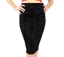 Load image into Gallery viewer, Damask Black High Waisted Fitted Pencil Skirt Plus Size