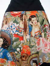 Load image into Gallery viewer, &quot;Riding Shotgun&quot; Mexican Senoritas Skirt, Close up of fabric print, Images of Western Mexican Vintage Gals wearing traditional Mexican clothing