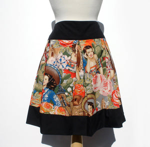 "Riding Shotgun" Mexican Senoritas Skirt, Pictured from the front, Black band at the waist, black band at the bottom of the skirt