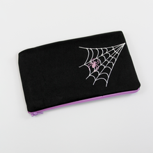 Load image into Gallery viewer, Halloween Embroidered Make-up Pouch 7.5&quot; x 4.5&quot; - Lavender or Burgundy Spider Design #HEW-SP