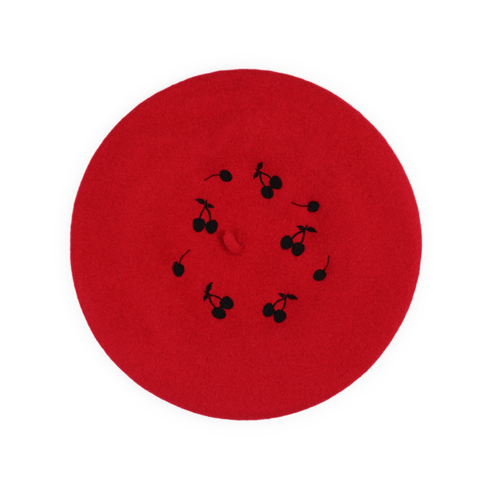 Embroidered Cherry Silhouette Red Beret