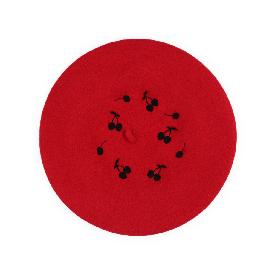 Embroidered Cherry Silhouette Red Beret
