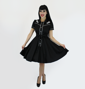 Rose Embroidered Black Vintage Rockabilly Western Country Women Dress – Hemet Store