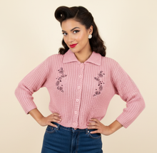 Load image into Gallery viewer, Sweetheart Pink Knit Cardigan with Floral Embroidery – Retro 50s Inspired Button-Up Sweater