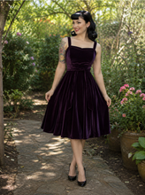 Load image into Gallery viewer, Purple Velvet Vintage Inspired 1950s Strap Swing Dress