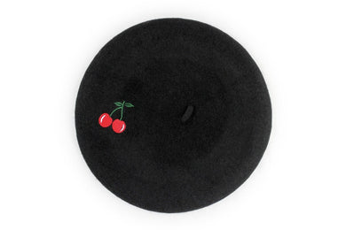 Embroidered Cherry Black Beret