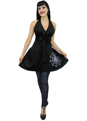 model wearing Spiderweb embroidered Black Vintage Inspired Apron