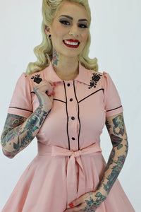 Pink Black Rose Vintage Rockabilly Western Country Women Dress #E-PRWD