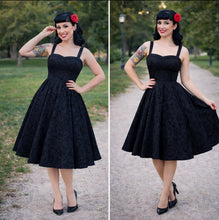 Load image into Gallery viewer, Black Vintage Inspired 1950s Strap Damask Swing Dress