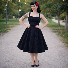 Load image into Gallery viewer, Black Vintage Inspired 1950s Strap Damask Swing Dress