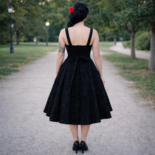 Load image into Gallery viewer, Black Vintage Inspired 1950s Strap Damask Swing Dress