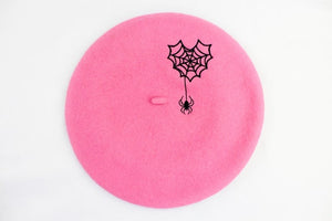 Embroidered Webbed Heart Pink Beret