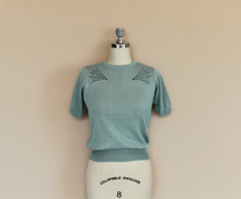 Load image into Gallery viewer, Pastel Sage Spiderweb Sweater Top | Vintage Spooky Knit Blouse