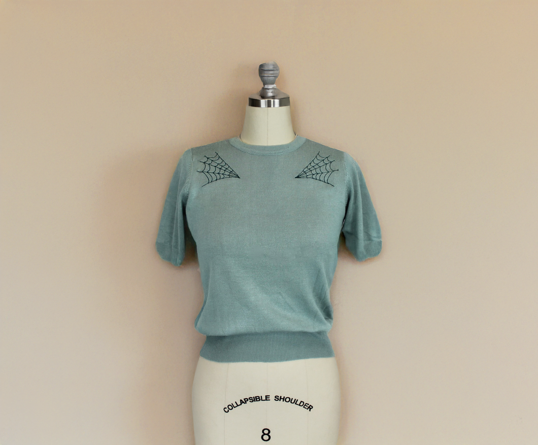 Pastel Sage Spiderweb Sweater Top | Vintage Spooky Knit Blouse