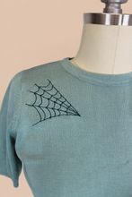 Load image into Gallery viewer, Pastel Sage Spiderweb Sweater Top | Vintage Spooky Knit Blouse