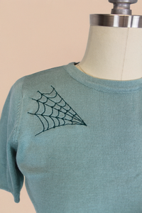 Pastel Sage Spiderweb Sweater Top | Vintage Spooky Knit Blouse