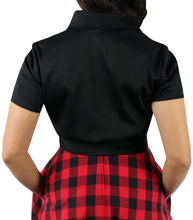 Load image into Gallery viewer, Close up of black knot top, Pictured from the back, Collar, Short sleeves