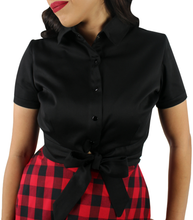 Load image into Gallery viewer, Close up of black knot top, Collar, Knot/ bow at the waist, Short sleeves