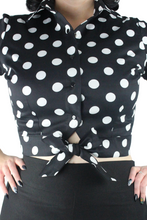 Load image into Gallery viewer, Close up of the knot top, Black material with white large polkadots, Snap up closure, Same fabric throughout