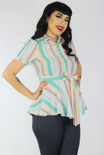 Load image into Gallery viewer, Teal Striped Peplum Top / Maternity Ribbon Belt Top XS-3XL #SPT