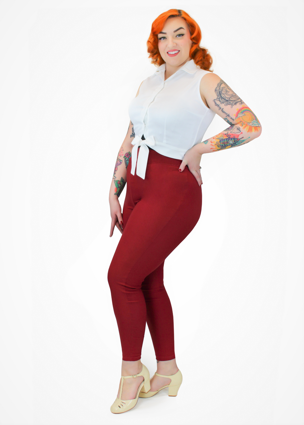 Burgundy Pin Up High Waist Cigarette Pants BC P102