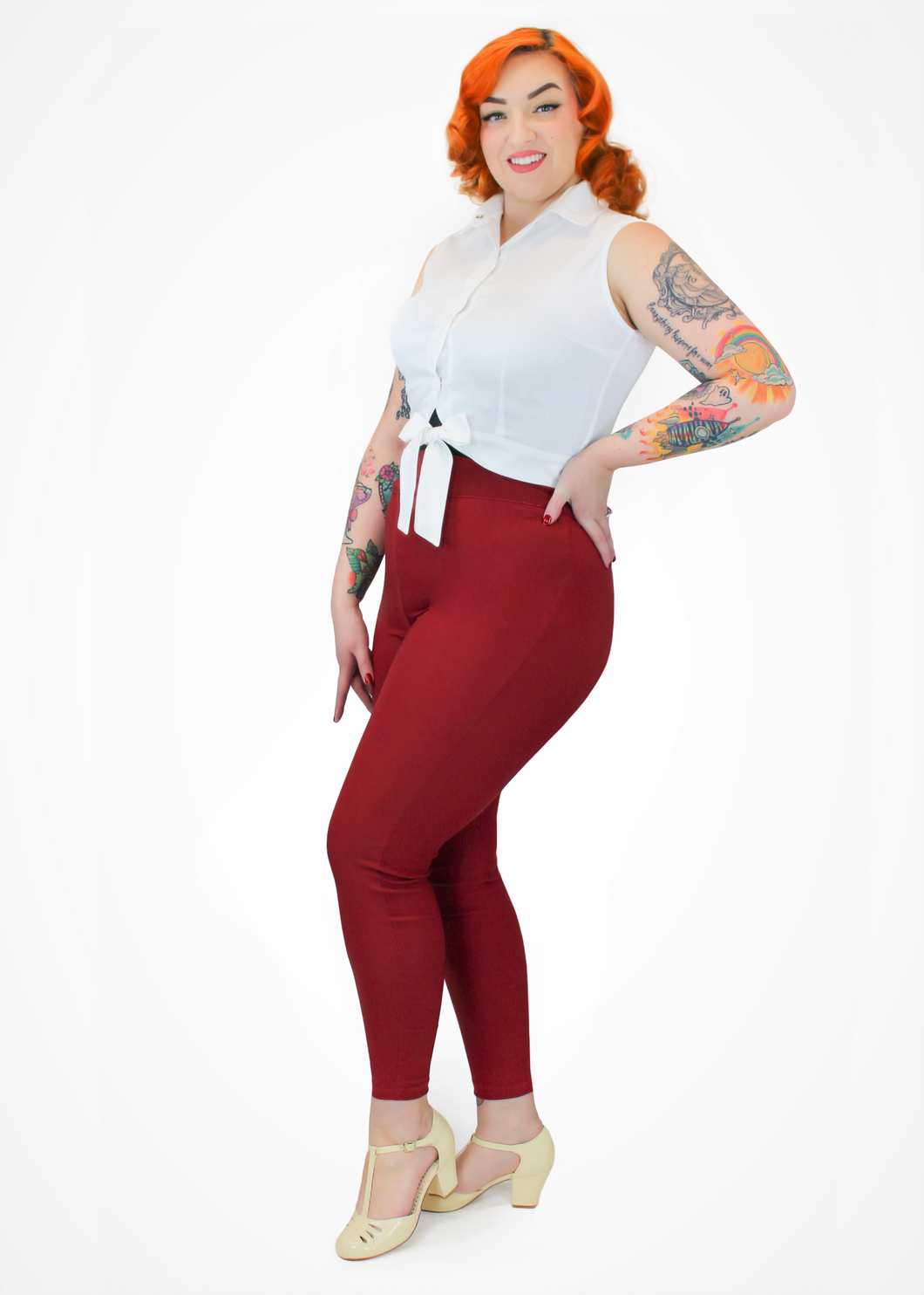 Burgundy Pin Up High Waist Cigarette Pants #BC-P102