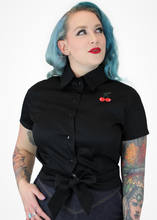 Load image into Gallery viewer, Cherry Crop Top - Black Knot Top With Embroidered Cherries #E-CKT