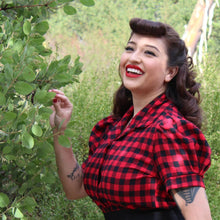 Load image into Gallery viewer, model wearing Holiday Plaid Pin Up Top Buffalo Red